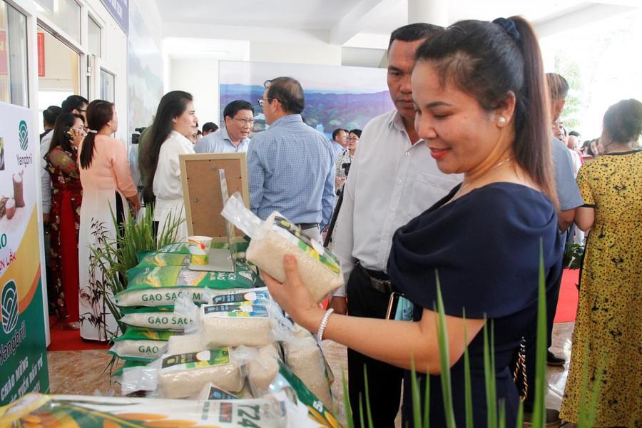 Du khách, đại biểu tìm hiểu sản phẩm gạo sạch của huyện Lắk tại Hội nghị xúc tiến đầu tư huyện Lắk vào tháng 4-2021.