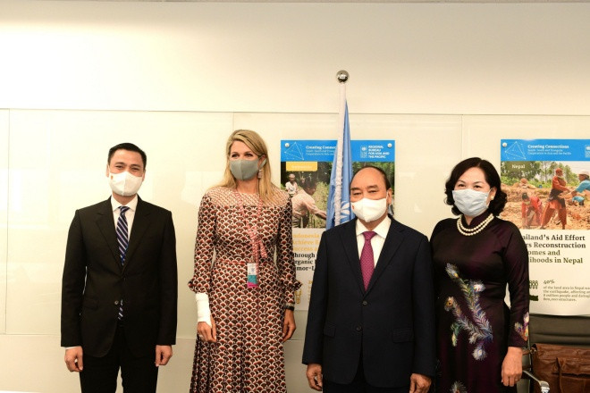 Chủ tịch nước Nguyễn Xuân Phúc gặp Hoàng hậu Hà Lan Maxima, đại diện đặc biệt của Tổng thư ký Liên Hợp Quốc về tài chính và phát triển bao trùm. Ảnh: Lê Hiệp 