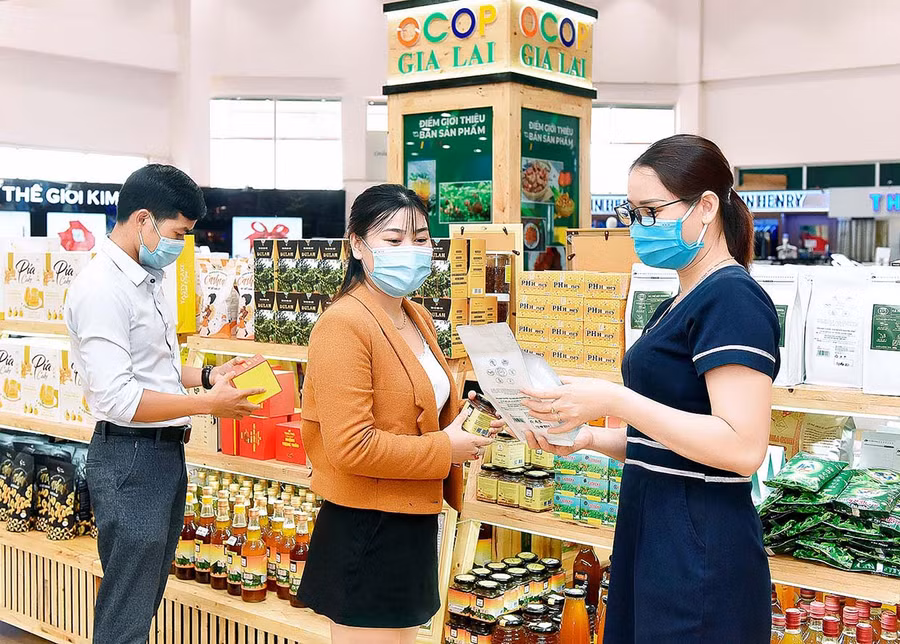  Gian hàng trưng bày các sản phẩm OCOP tỉnh Gia Lai tại Siêu thị Co.op Mart Pleiku. Ảnh: Đức Thụy