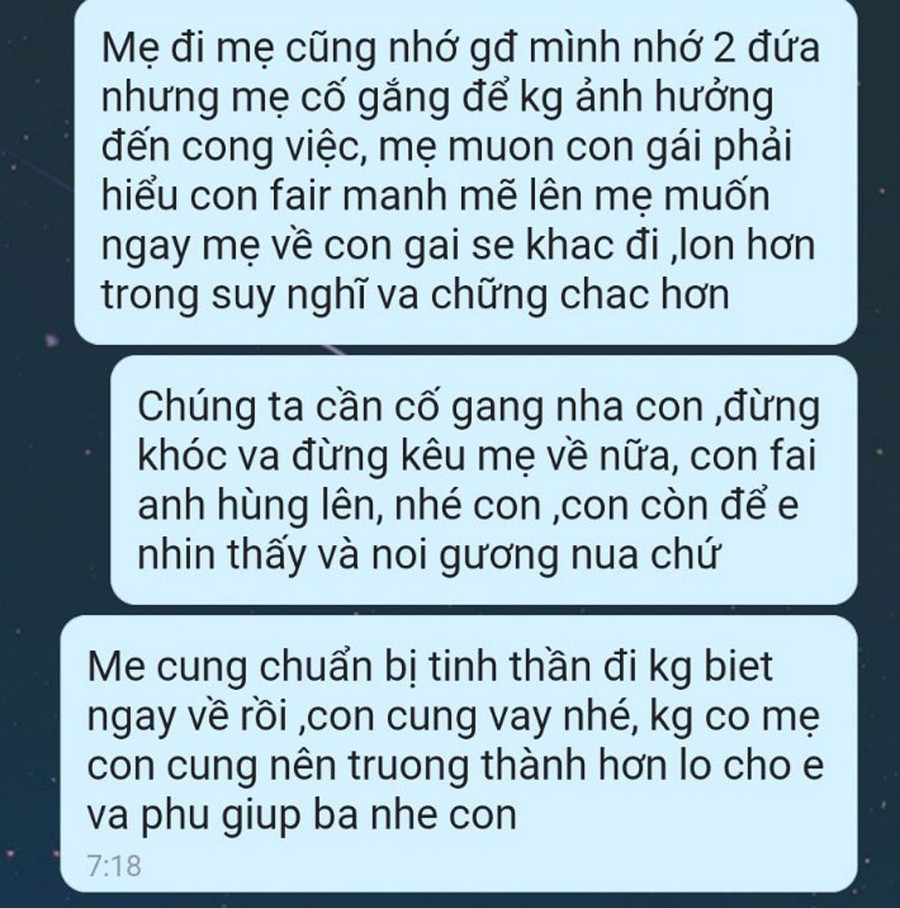 BS Trần Ngọc Hoàng Dung gửi tin nhắn động viên con. Ảnh: Chụp lại màn hình