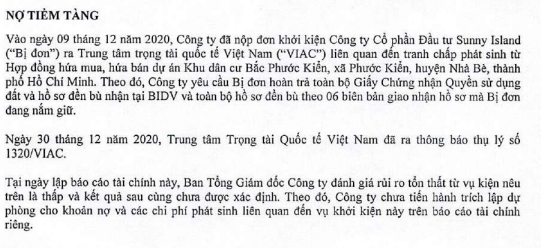 Kiểm toán lưu ý khoản nợ tiềm tàng liên quan đến vụ kiện với Công ty Cổ phần Đầu tư Sunny Island. Nguồn: BCTC QCG