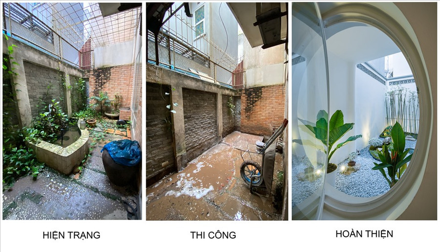  Hình ảnh khu vườn nằm bên hông nhà trước khi cải tạo: lát gạch sàn, ốp gạch tường và làm bể cá, non bộ, thời gian lâu bị ẩm thấp, rêu mốc và nhiều muỗi.