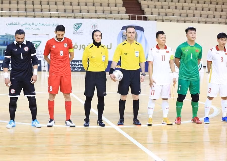 Thủ môn Hồ Như Ý trong trận play-off gặp đội Li Băng. Ảnh: Đội Futsal Việt Nam