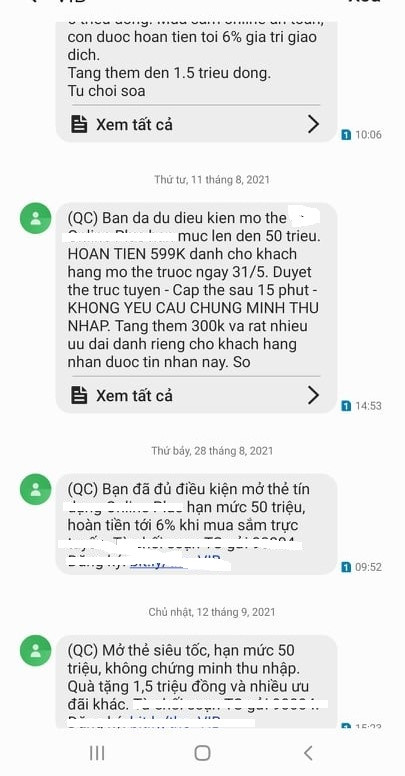 Ngoài "bão" cuộc gọi mời vay vốn, mỗi tháng khách hàng còn nhận được không ít tin nhắn mời vay tiêu dùng, mở thẻ của các công ty cho vay, ngân hàng thương mại. (Ảnh: NVCC) Ngoài