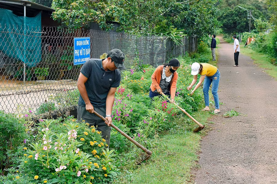 Người dân làng Bruk Ngol trao đổi kinh nghiệm trồng, chăm sóc cây thanh long.