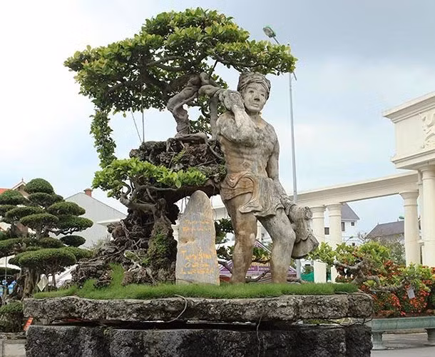 Tác phẩm cây “Thạch Sanh” trên bệ đá tôn thêm nét cổ kính.