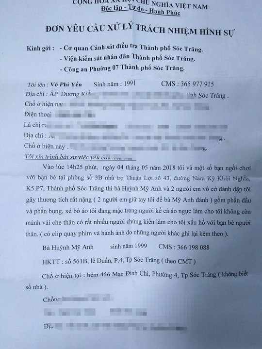 Đơn yêu cầu xử lý hình sự của gia đình chị Y. Đơn yêu cầu xử lý hình sự của gia đình chị Y.