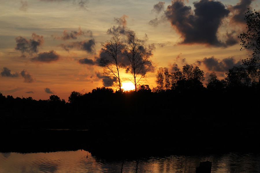 6h sáng, mặt trời đã nằm gọn ở giữa 2 cây đằng xa, dần dần “nhú” lên trên ngọn đước