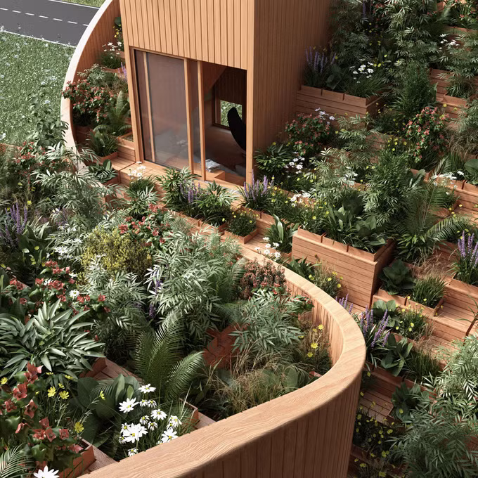 Các loại cây được trồng gọn gàng trong các bồn gỗ trải dài từ tầng một lên tới mái nhà. Có những khoảng trống để di chuyển và cũng là chỗ ngồi thư giãn. 