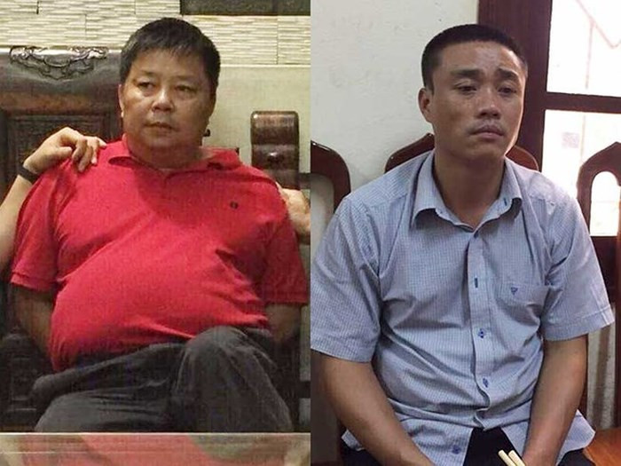 Triệu Ký Voòng và Phạm Xuân Lân tại công an. Ảnh: HUY HÀ