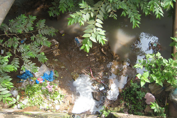 Nước thải từ một ống dẫn đổ ra “vùng sình lầy”. Ảnh: Đinh Yến