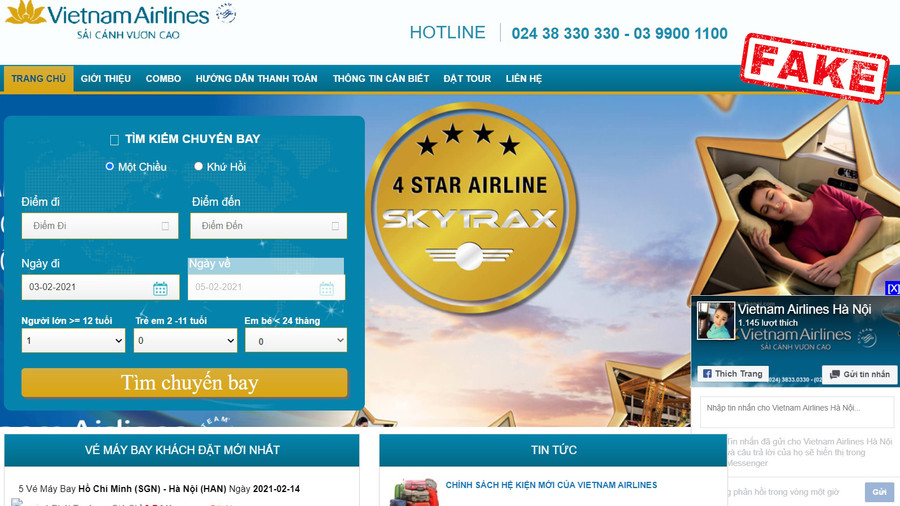 Trang website giả mạo hãng hàng không Vietnam Airlines. Ảnh nguồn Báo Dân Việt Trang website giả mạo hãng hàng không Vietnam Airlines. Ảnh nguồn Báo Dân Việt