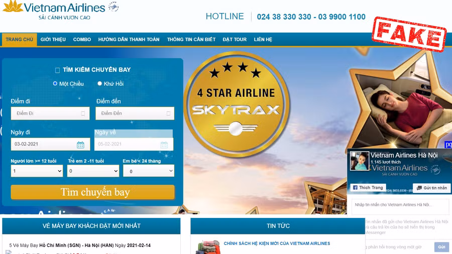 Trang website giả mạo hãng hàng không Vietnam Airlines. Ảnh nguồn Báo Dân Việt