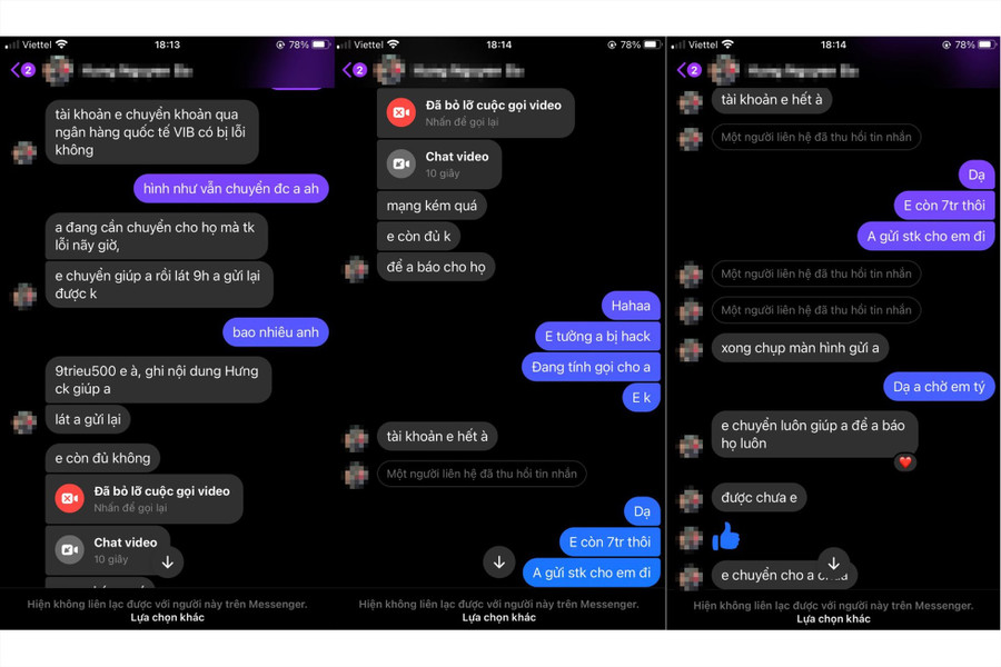 Sau khi chiếm quyền truy cập tài khoản của anh H, đối tượng nhắn tin cho bạn bè của anh H để nhờ chuyển khoản. Ảnh nguồn Báo Lao Động Sau khi chiếm quyền truy cập tài khoản của anh H, đối tượng nhắn tin cho bạn bè của anh H để nhờ chuyển khoản. Ảnh nguồn Báo Lao Động