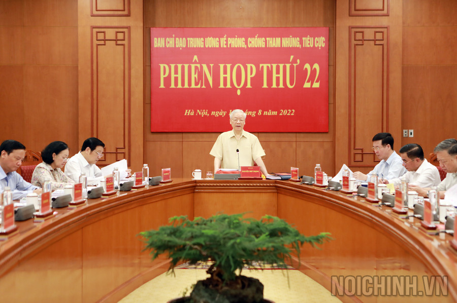 Đồng chí Nguyễn Phú Trọng, Tổng Bí thư, Trưởng Ban Chỉ đạo Trung ương về phòng, chống tham nhũng, tiêu cực phát biểu tại Phiên họp. Ảnh: Noichinh.vn