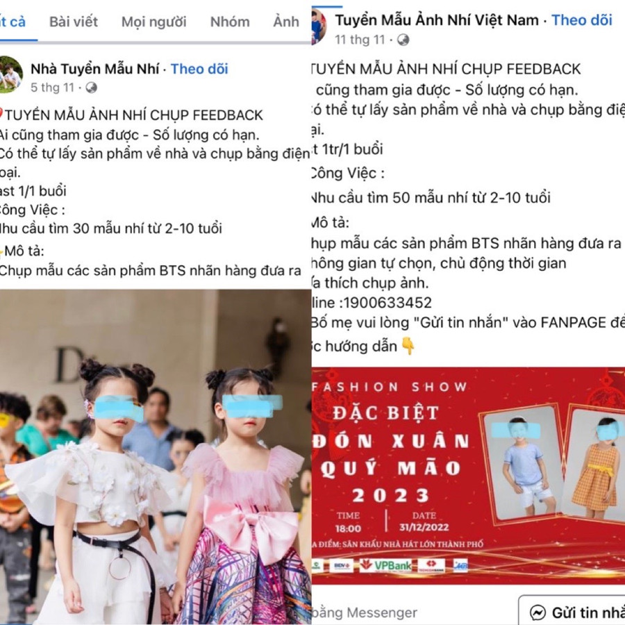 Nhiều Fanpage đăng tuyển mẫu nhí với lời mời hấp dẫn. Ảnh: P.V