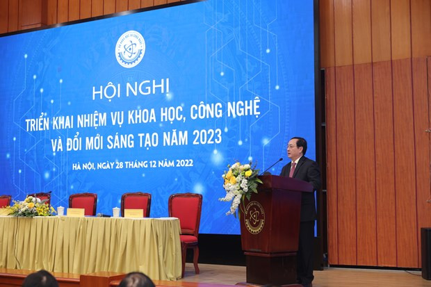 Bộ trưởng Bộ Khoa học và Công nghệ Huỳnh Thành Đạt phát biểu tại hội nghị.(Ảnh: Minh Sơn/Vietnam+