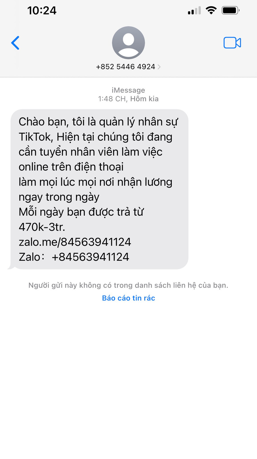 Một tin nhắn "bẫy" việc nhẹ lương cao. Ảnh: Phương Vi Một tin nhắn