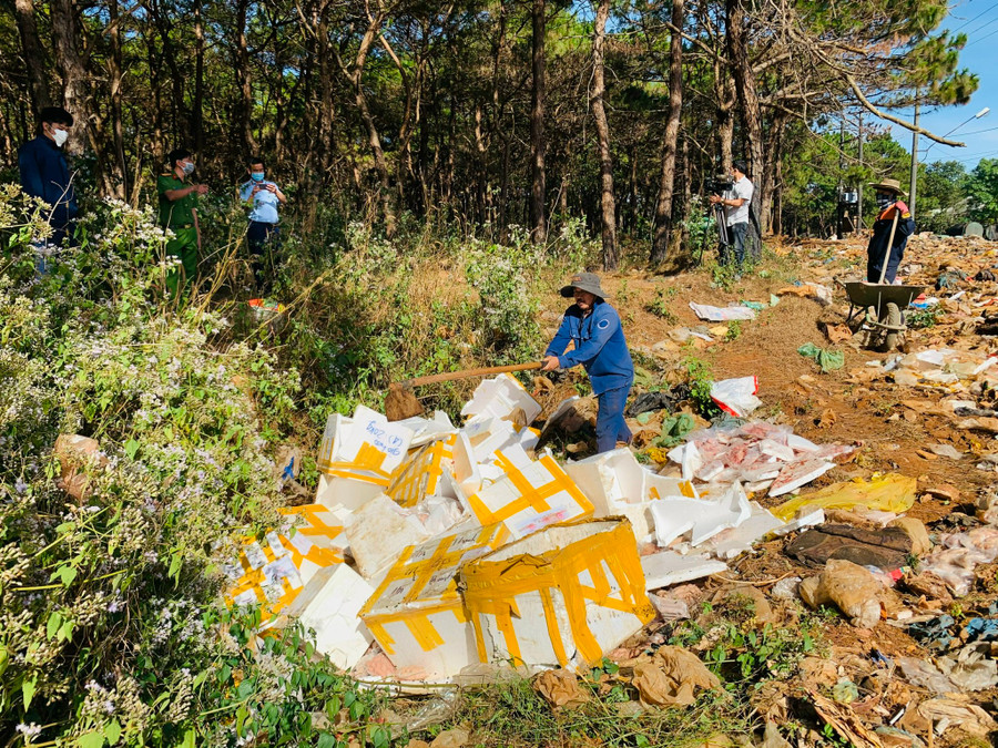 Toàn bộ thực phẩm được tiêu hủy bằng hình thức chôn lấp. Ảnh: Hồng Thương