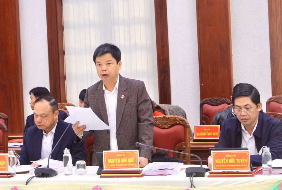 Hội thảo khoa học "Giải pháp xây dựng nông thôn mới bền vững ở tỉnh Gia Lai" ảnh 4 Đồng chí Nguyễn Hữu Quế-Giám đốc Sở Kế hoạch và Đầu tư phát biểu ý kiến tại hội thảo. Ảnh: Phan Lài