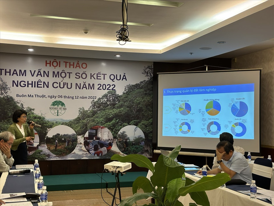 Các chuyên gia Tropenbos Việt Nam kiến nghị một số phương án quản lý, bảo vệ tài nguyên rừng với cơ quan chức năng tỉnh Đắk Lắk. Ảnh: Bảo Trung