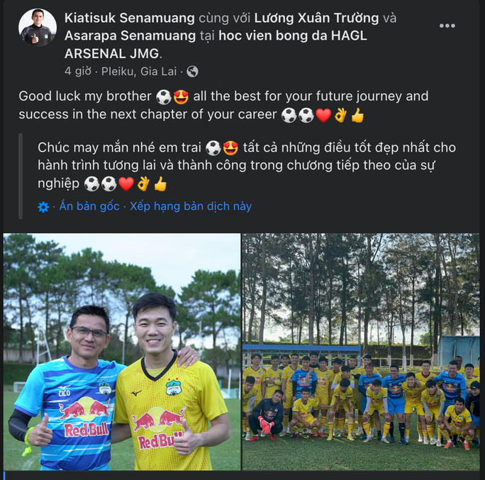 Trang facebook cá nhân của HLV Kiatisak đăng tin chia tay Lương Xuân Trường. Trang facebook cá nhân của HLV Kiatisak đăng tin chia tay Lương Xuân Trường