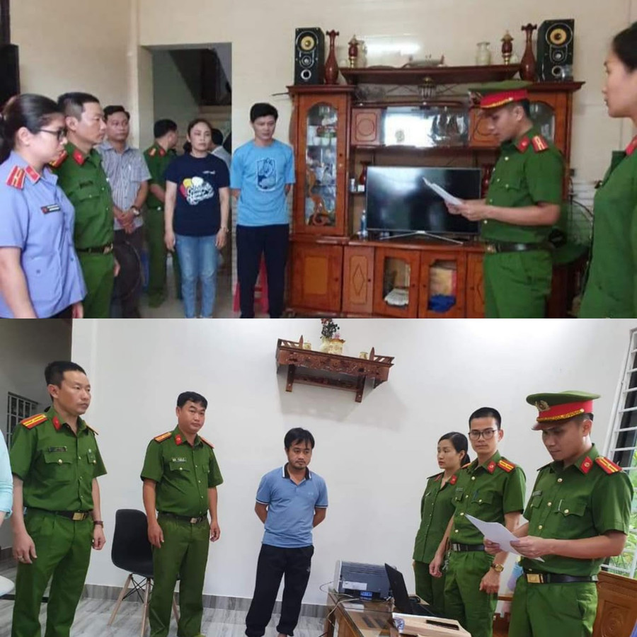 Cơ quan công an đọc lệnh bắt đối với Lê Quang Việt và Đỗ Đình Phi. Ảnh: Công an Quảng Trị