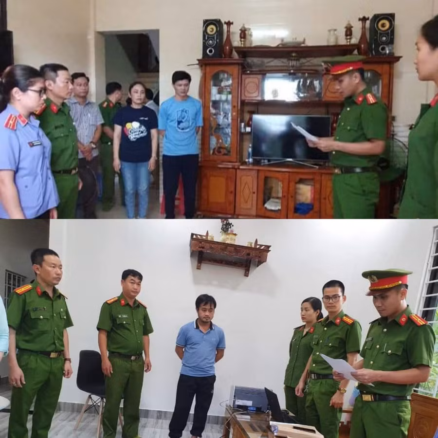 Cơ quan công an đọc lệnh bắt đối với Lê Quang Việt và Đỗ Đình Phi. Ảnh: Công an Quảng Trị