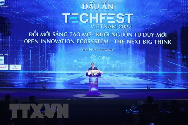 Thủ tướng Phạm Minh Chính phát biểu tại chương trình Dấu ấn TECHFEST Việt Nam 2022. (Ảnh: Dương Giang/TTXVN)