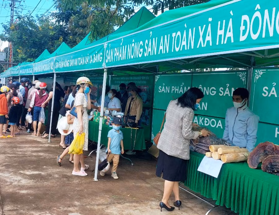 Huyện Đak Đoa duy trì phiên chợ nông sản an toàn giúp các doanh nghiệp, HTX, hộ gia đình quảng bá nông sản đặc trưng của địa phương đến người tiêu dùng. Ảnh: Nguyễn Diệp