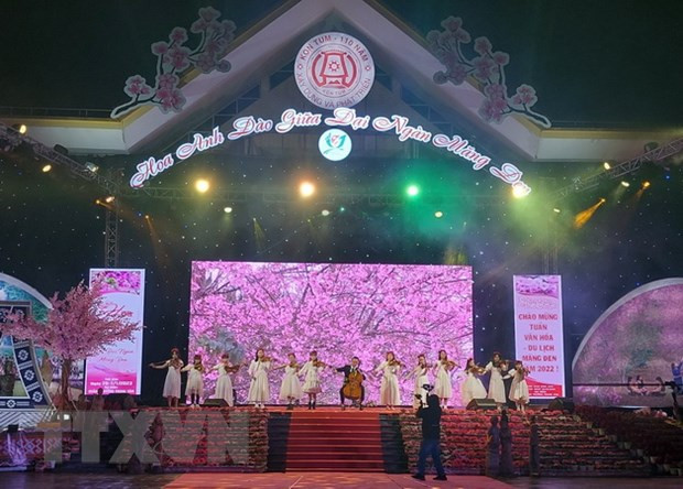 Chương trình biểu diễn nghệ thuật tại Lễ khai mạc Tuần Văn hóa-Du lịch Măng Đen 2022, tại thị trấn Măng Đen, huyện Kon Plông, tỉnh Kon Tum. Ảnh: Khoa Chương/TTXVN