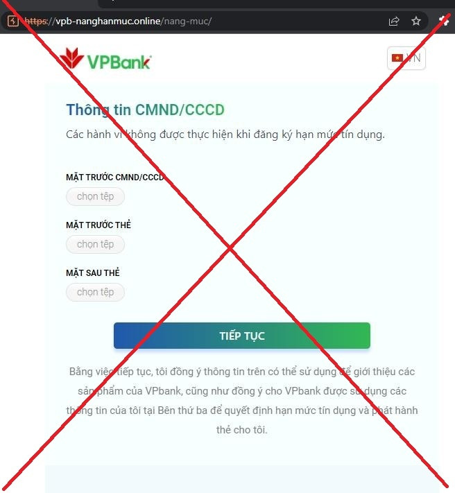 Website giả mạo giao diện ngân hàng với chức năng nâng hạn mức thẻ tín dụng trực tuyến. Ảnh: Chụp màn hình Website giả mạo giao diện ngân hàng với chức năng nâng hạn mức thẻ tín dụng trực tuyến. Ảnh: Chụp màn hình