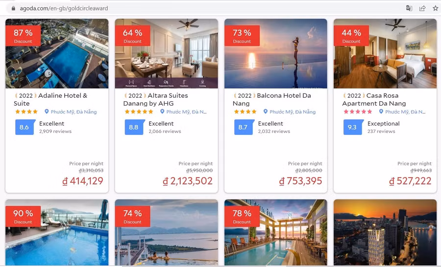  Việt Nam có 96 khách sạn được trao giải Agoda Gold Circle Awards. Ảnh chụp màn hình
