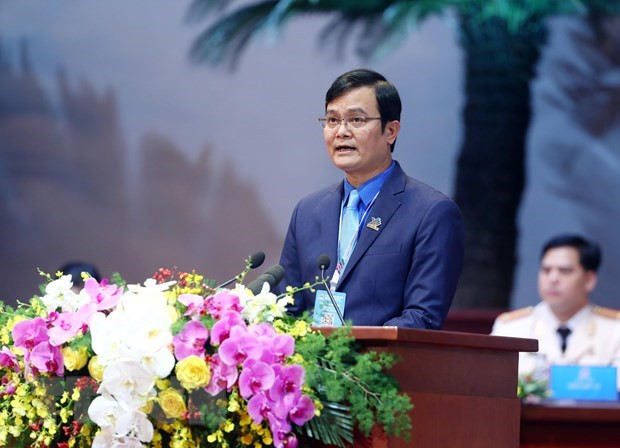 Anh Bùi Quang Huy, Ủy viên dự khuyết Ban chấp hành Trung ương Đảng, Bí thư Thứ nhất Trung ương Đoàn trình bày báo cáo tại đại hội. Ảnh: Phạm Kiên/TTXVN