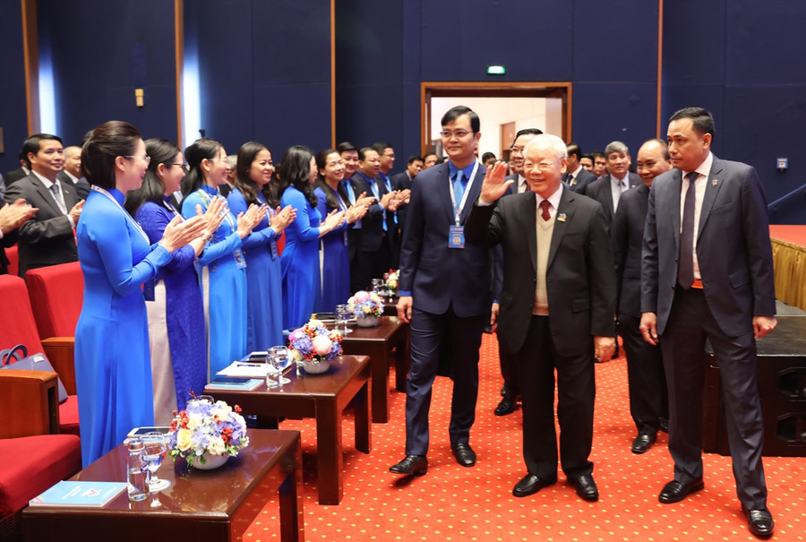 Tổng Bí thư Nguyễn Phú Trọng đến dự phiên trọng thể Đại hội Đoàn toàn quốc lần thứ XII. Ảnh: Đậu Tiến Đạt