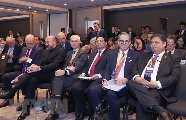 Thủ tướng Phạm Minh Chính dự Hội nghị Thượng đỉnh kinh doanh ASEAN-EU lần thứ 10. (Ảnh: Dương Giang/TTXVN)