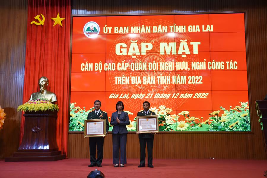 Thừa ủy quyền của Chủ tịch nước, Phó Chủ tịch UBND tỉnh trao Huân chương Bảo vệ Tổ quốc cho các cá nhân. Ảnh: Vĩnh Hoàng