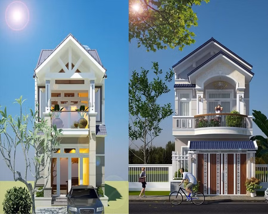 Tiết kiệm chi phí tối đa với mẫu nhà phố 2 tầng mái Thái hiện đại. Đồ hoạ: Tuệ Nghi
