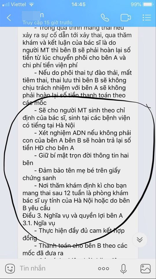 Các điều khoản “niềm tin” của Hợp đồng mang thai hộ. Ảnh: Trích từ Zalo Các điều khoản “niềm tin” của Hợp đồng mang thai hộ. Ảnh: Trích từ Zalo
