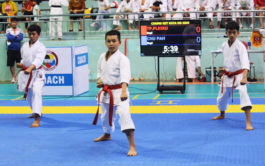 Các vận động viên thi đấu nội dung Kata đồng đội nam. Ảnh: Hoành Sơn