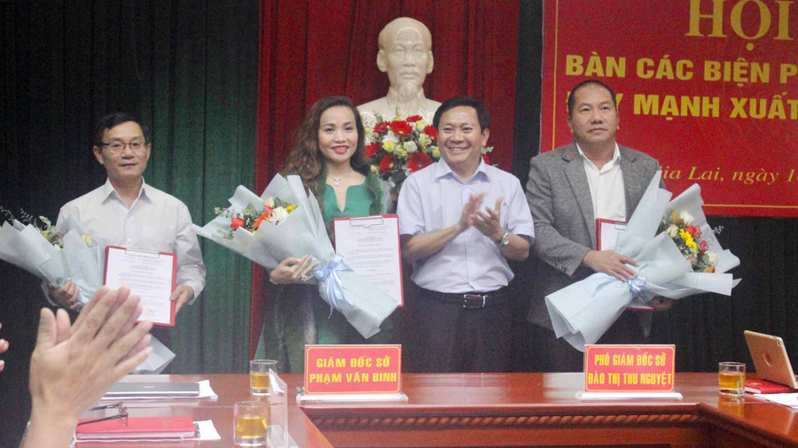 Trao quyết định công nhận danh hiệu “Doanh nghiệp xuất khẩu uy tín năm 2019” cho 3 doanh nghiệp của tỉnh. Ảnh: Vũ Thảo