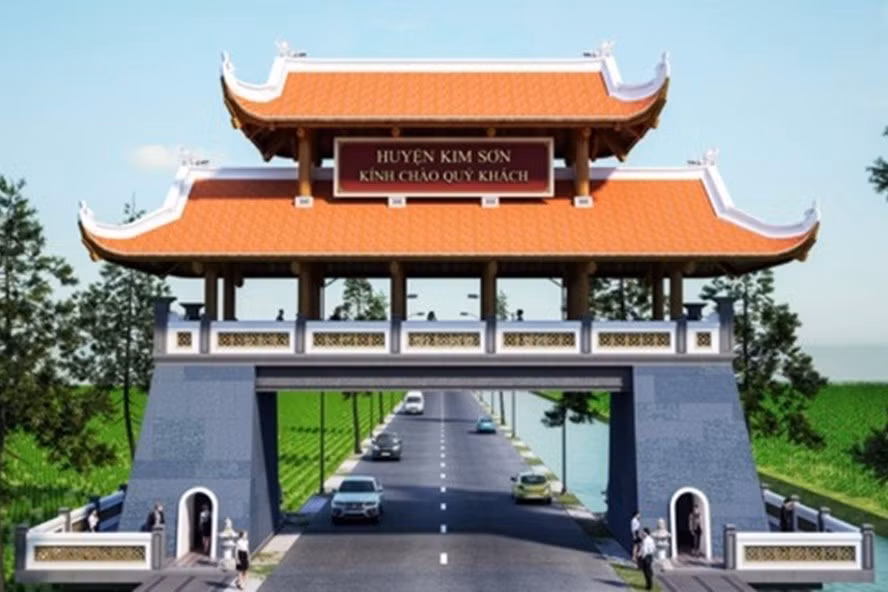 Cổng chào Kim Sơn, từng được cảnh báo sẽ phải tháo dỡ, di dời... mà không được bồi thường và hỗ trợ nếu QL10 được cải tạo. Ảnh: Dantri