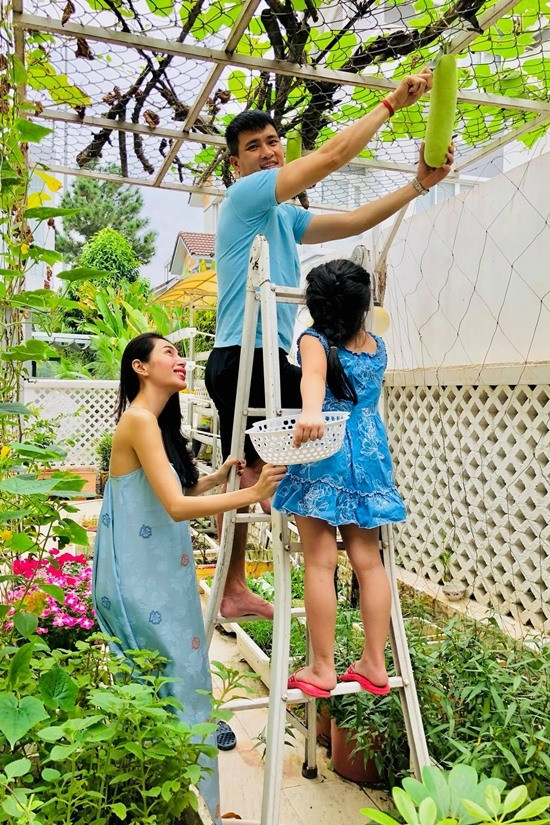 Ngoài ra, biệt thự còn có sân vườn rộng lớn. Hai vợ chồng nữ ca sĩ trồng nhiều rau và cây xanh. Thủy Tiên tiết lộ các loại rau được trồng tự nhiên, không dùng thuốc để bảo vệ sức khỏe cho cả nhà. Ảnh: NSCC