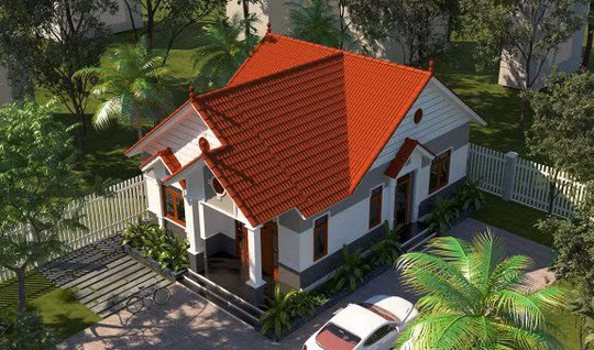 Mẫu biệt thự mái thái 3 phòng ngủ, 1 phòng thờ và 1 phòng khách, có chi phí dưới 700 triệu đồng. Ảnh: Thietkethicongnhadep.