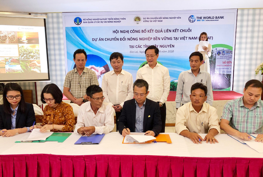 Các doanh nghiệp và hợp tác xã ký kết liên kết tiêu thụ sản phẩm cà phê niên vụ 2020-2021. Ảnh: Lê Nam Các doanh nghiệp và hợp tác xã ký kết liên kết tiêu thụ sản phẩm cà phê niên vụ 2020-2021. Ảnh: Lê Nam