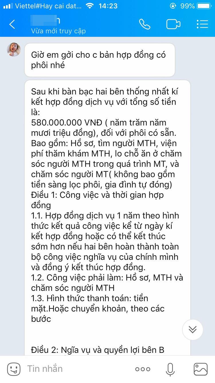 Giá trị hợp đồng mang thai hộ. Ảnh trích từ Zalo Giá trị hợp đồng mang thai hộ. Ảnh trích từ Zalo