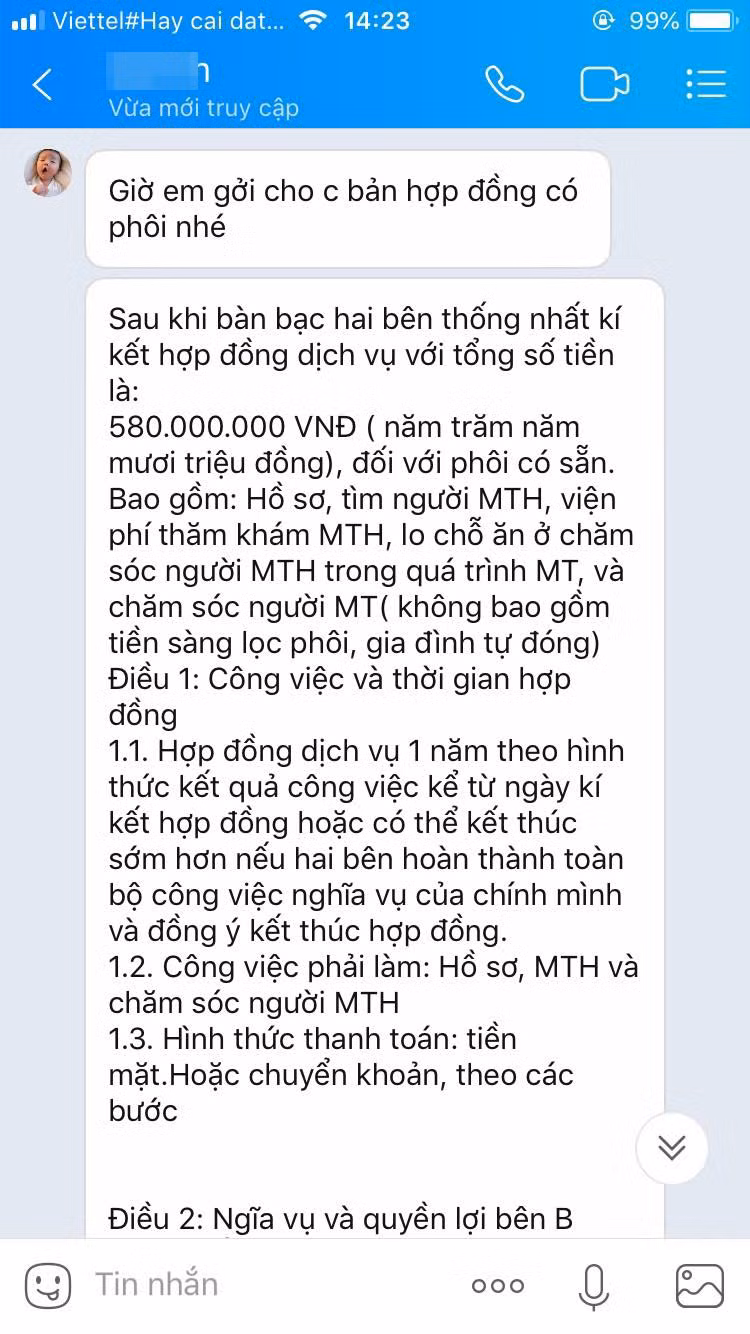 Giá trị hợp đồng mang thai hộ. Ảnh trích từ Zalo