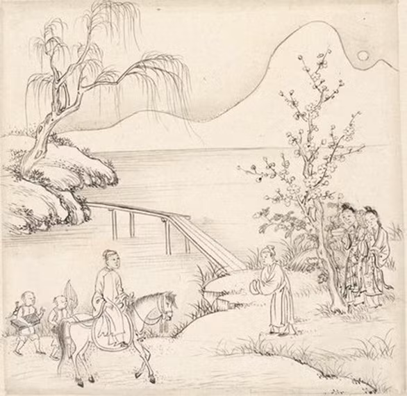 Trang vẽ trong bản Kiều cổ ở Anh minh họa Kiều gặp Kim Trọng “Trông chừng thấy một văn nhân/ Lỏng buông tay khấu bước lần dặm băng” - Ảnh NXH cung cấp