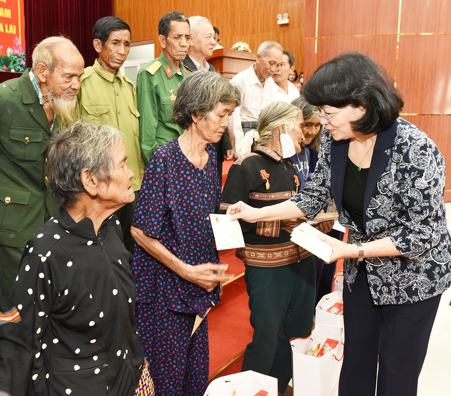 Phó Chủ tịch nước Đặng Thị Ngọc Thịnh tặng quà các gia đình chính sách, người có công huyện Đak Đoa. Ảnh: Đức Thụy