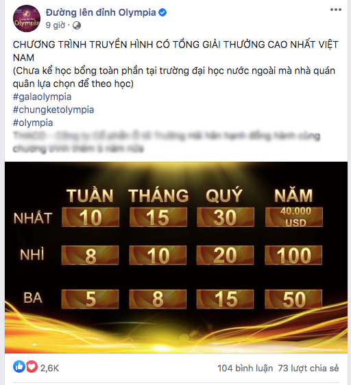 Thông tin giải thưởng được chia sẻ trên Fanpage chương trình